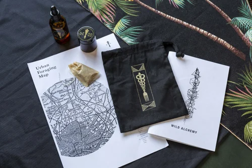 The Wild Alchemy foraging kit: map, tincture and gold-printed drawstring bags